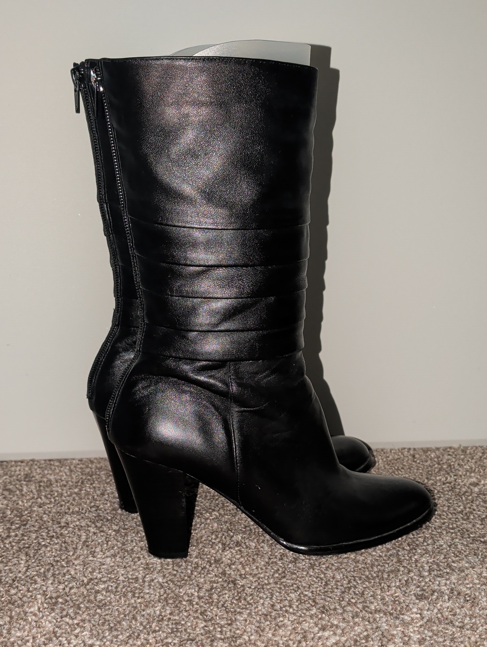 J.Renee Black Leather Mid-Calf Ruched Heeled Boots